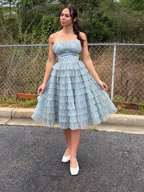 Vintage 1960s Light Blue Tulle Tiered Midi Dress